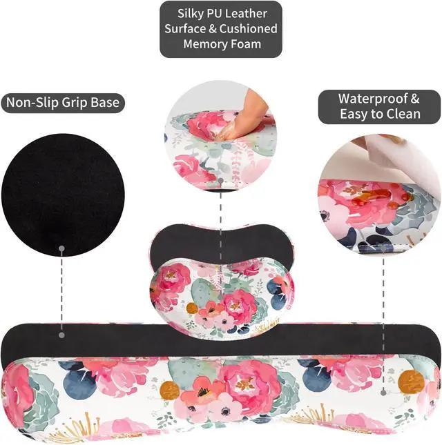 Alt view image 6 of 7 - QIYI Leather Desk Mat Set 4-in-1 Large Mouse Pad with Ergonomic Wrist Rest Waterproof Desk Pad + Keyboard Wrist Rest + Mouse Wrist Support + Coaster Non-Slip Office Gaming Accessories Pink Flowers