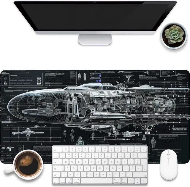 Main image of Large Gaming Mouse Pad for Desk Spaceship Detailed Blueprint Desk Mat Spacecraft Assembly Diagram Desk Pad 31.5x15.7 Extended Big Keyboard Mouse Pad with Non-Slip Base and Stitched Edge