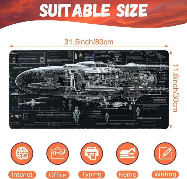 Alt view image 2 of 7 - Large Gaming Mouse Pad for Desk Spaceship Detailed Blueprint Desk Mat Spacecraft Assembly Diagram Desk Pad 31.5x15.7 Extended Big Keyboard Mouse Pad with Non-Slip Base and Stitched Edge