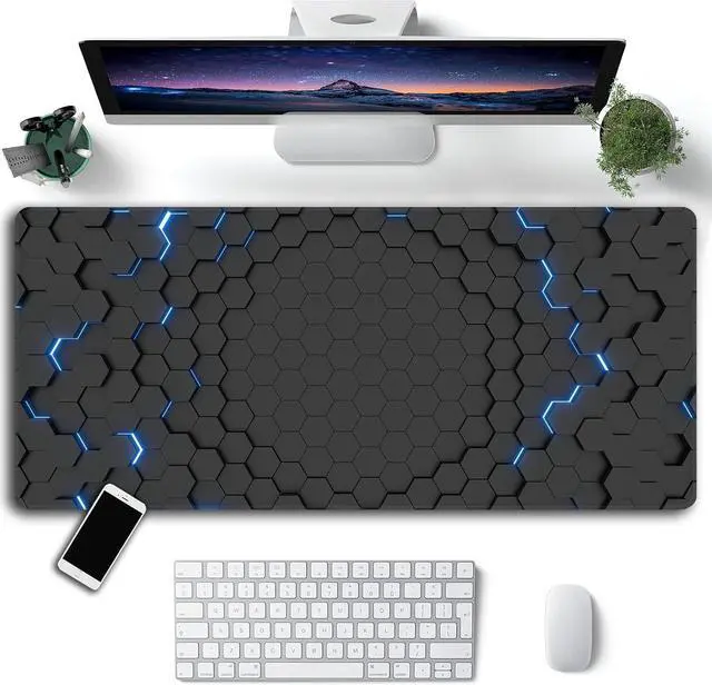 Alt view image 2 of 7 - Blue Honeycomb Mouse Pad XXL 35.4x15.7 Big Gaming Mousepad Geometric Hexagon Large Extended Mouse Mat Non-Slip Rubber Base Waterproof with Stitched Edges for Gaming Office Home