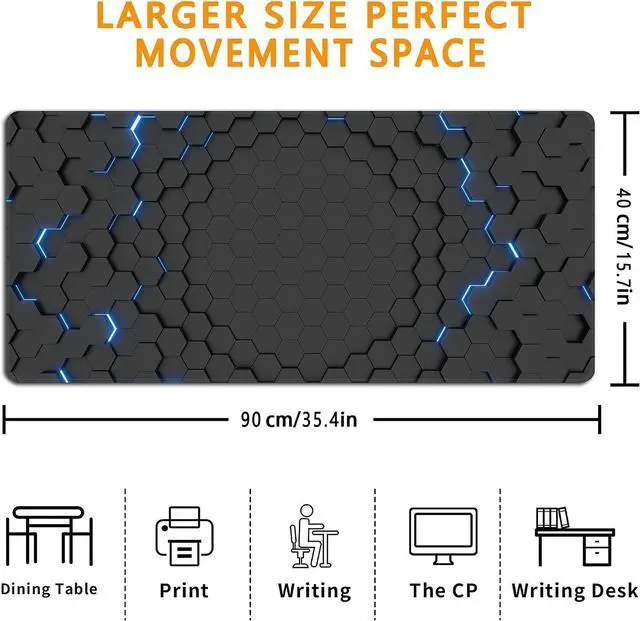 Alt view image 3 of 7 - Blue Honeycomb Mouse Pad XXL 35.4x15.7 Big Gaming Mousepad Geometric Hexagon Large Extended Mouse Mat Non-Slip Rubber Base Waterproof with Stitched Edges for Gaming Office Home
