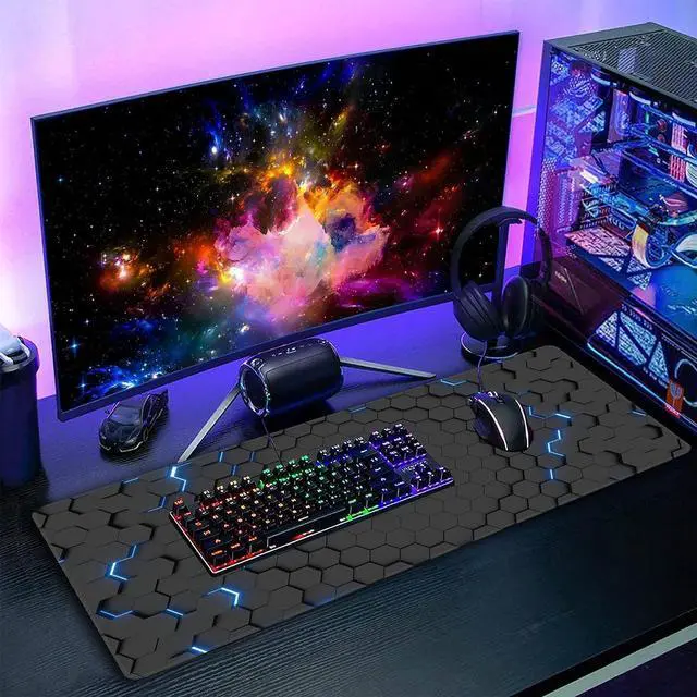 Alt view image 7 of 7 - Blue Honeycomb Mouse Pad XXL 35.4x15.7 Big Gaming Mousepad Geometric Hexagon Large Extended Mouse Mat Non-Slip Rubber Base Waterproof with Stitched Edges for Gaming Office Home
