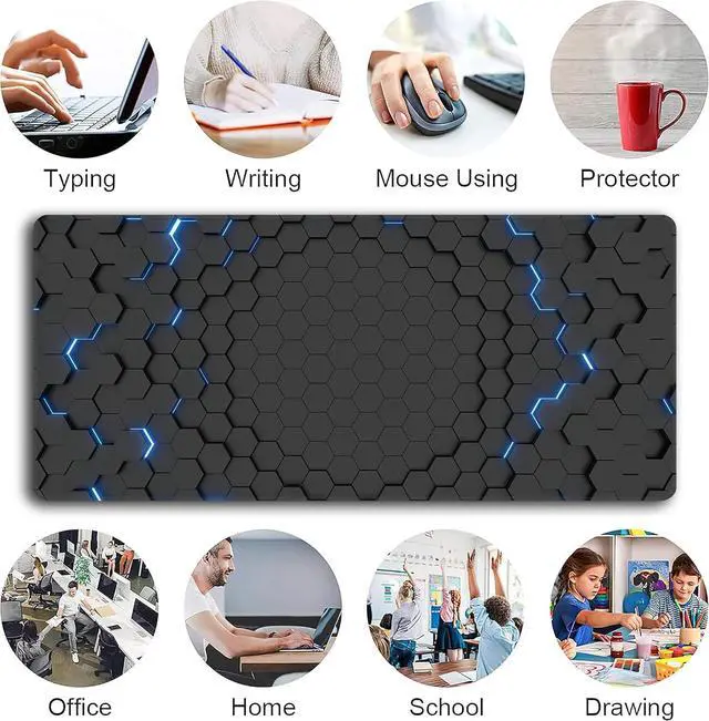 Alt view image 6 of 7 - Blue Honeycomb Mouse Pad XXL 35.4x15.7 Big Gaming Mousepad Geometric Hexagon Large Extended Mouse Mat Non-Slip Rubber Base Waterproof with Stitched Edges for Gaming Office Home