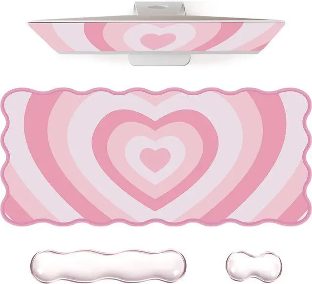 Main image of Pink Heart Mouse Pad Set Scalloped XXL Desk Mat + Ergonomic Mouse Wrist Rest + Gel Keyboard Wrist Rest for Keyboard 65%/75% 3in1 Large Desk Pad for Desktop Home Office Computer Game