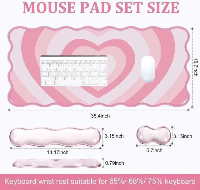 Alt view image 5 of 7 - Pink Heart Mouse Pad Set Scalloped XXL Desk Mat + Ergonomic Mouse Wrist Rest + Gel Keyboard Wrist Rest for Keyboard 65%/75% 3in1 Large Desk Pad for Desktop Home Office Computer Game