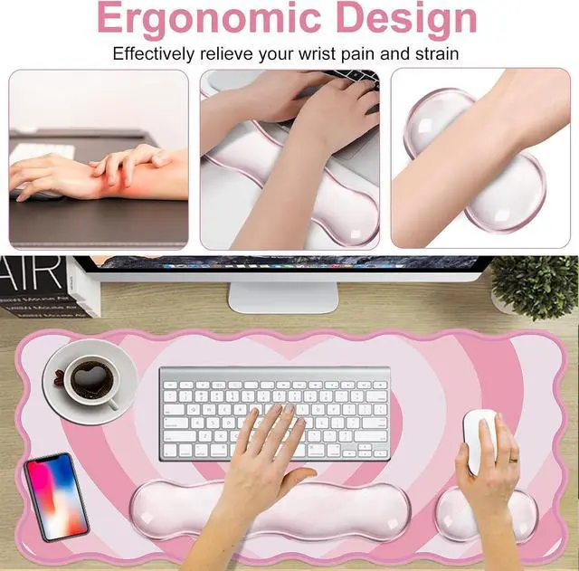 Alt view image 6 of 7 - Pink Heart Mouse Pad Set Scalloped XXL Desk Mat + Ergonomic Mouse Wrist Rest + Gel Keyboard Wrist Rest for Keyboard 65%/75% 3in1 Large Desk Pad for Desktop Home Office Computer Game