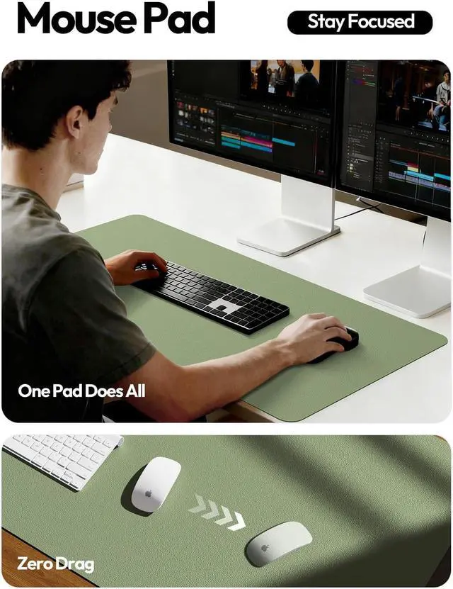 Alt view image 4 of 7 - Leather Desk Protector Office Mat Large Mouse Mat Non-Slip PU Leather Blotter Laptop Desk Mat Waterproof Writing Pad for Office and Home (Bamboo Green 31.5 x 15.8)