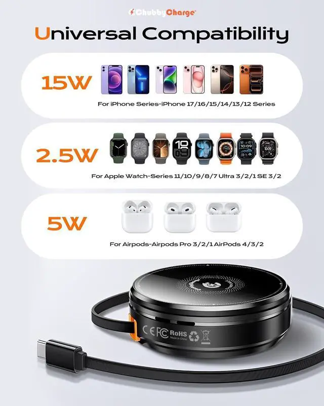 Alt view image 7 of 7 - Compact 3 in 1 Wireless Charging Station for iPhone Watch & Magnetic Foldable Travel Charger with Retractable USB-C Cable for Desk Home Office & Business Trips Black
