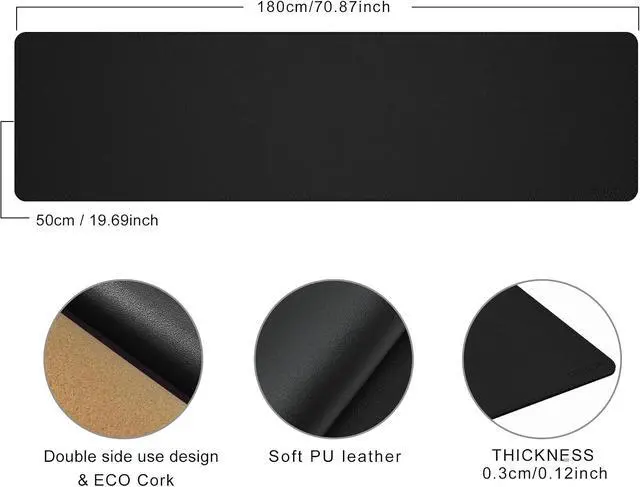 Alt view image 2 of 7 - 71 x 20 Cork & PU Leather Desk Mat (Black) - Huge Mouse Pad Double Sided Waterproof Desk Pad Protector for Gaming Office Home