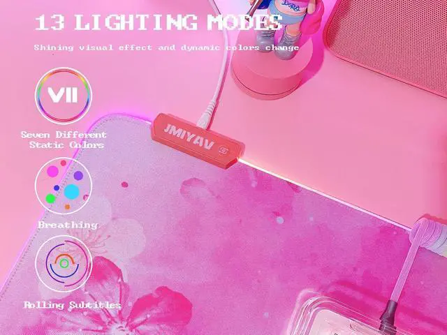 Alt view image 3 of 7 - RGB Cherry Blossom Gaming Mouse Pad Pink 31.5x12 Inch PC XL Large Extended Glowing Led Light Up Desk Pad Non-Slip Rubber Base Computer Keyboard and Mouse Pad Cute Mousepad