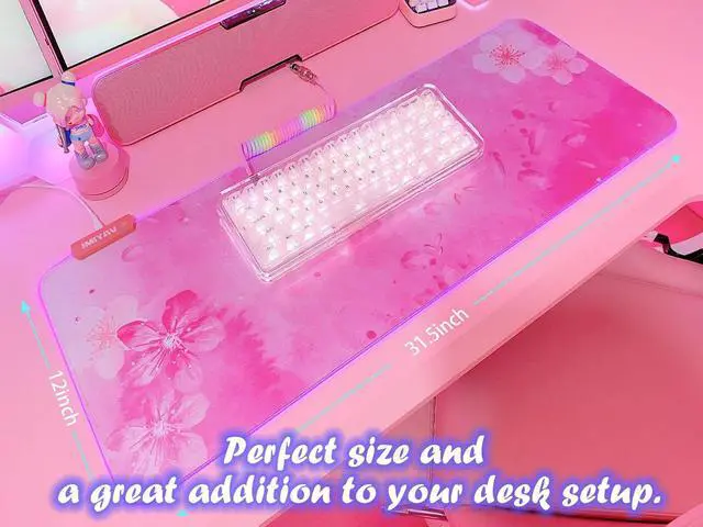 Alt view image 5 of 7 - RGB Cherry Blossom Gaming Mouse Pad Pink 31.5x12 Inch PC XL Large Extended Glowing Led Light Up Desk Pad Non-Slip Rubber Base Computer Keyboard and Mouse Pad Cute Mousepad
