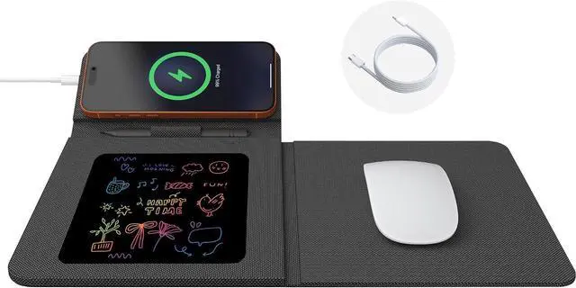 Main image of Foldable Wireless Charging Mouse Pad with Writing Tablet 15W Qi Magnetic Fast Charging Travel Mouse Pad Multi-Functional PU Leather Mat Charging Pad for iPhone iWatch Office Home Accessories