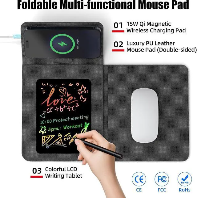 Alt view image 2 of 7 - Foldable Wireless Charging Mouse Pad with Writing Tablet 15W Qi Magnetic Fast Charging Travel Mouse Pad Multi-Functional PU Leather Mat Charging Pad for iPhone iWatch Office Home Accessories