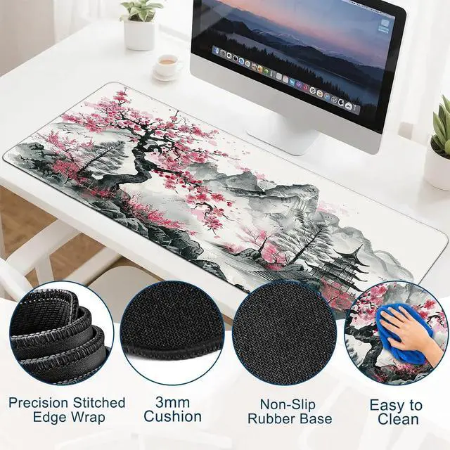 Alt view image 2 of 6 - Gaming Desk Mat with Silky Smooth Surface & Exquisite Patterns 31.5x11.8 Inches Large-Sized Mouse Pad Perfect for Extended Gaming Work and Home Office Decor (Japanese Ink Painting)