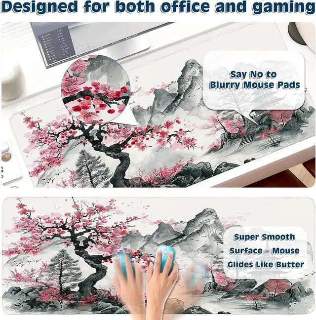 Alt view image 3 of 6 - Gaming Desk Mat with Silky Smooth Surface & Exquisite Patterns 31.5x11.8 Inches Large-Sized Mouse Pad Perfect for Extended Gaming Work and Home Office Decor (Japanese Ink Painting)