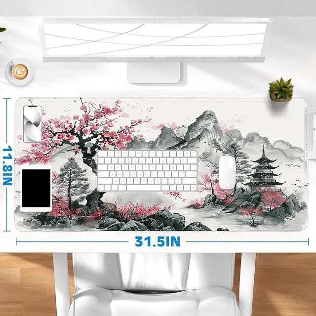 Alt view image 4 of 6 - Gaming Desk Mat with Silky Smooth Surface & Exquisite Patterns 31.5x11.8 Inches Large-Sized Mouse Pad Perfect for Extended Gaming Work and Home Office Decor (Japanese Ink Painting)