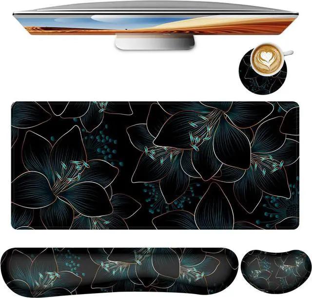 Main image of Keyboard Mouse Pad Set Large Gaming Mouse Pad+Keyboard Wrist Rest+Wrist Rest+Coaster Computer Desk pad Set Wrist Support for Office Desktop Laptop. (35.4 x 15.7) Extended Desk Mat (Floral)