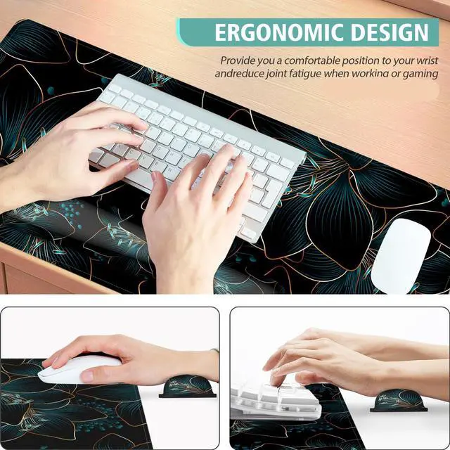 Alt view image 4 of 7 - Keyboard Mouse Pad Set Large Gaming Mouse Pad+Keyboard Wrist Rest+Wrist Rest+Coaster Computer Desk pad Set Wrist Support for Office Desktop Laptop. (35.4 x 15.7) Extended Desk Mat (Floral)