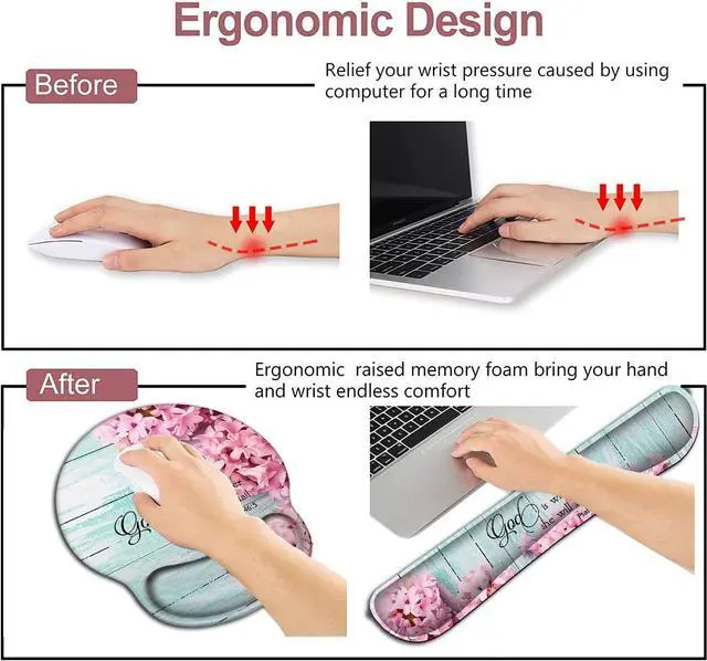 Alt view image 4 of 7 - Mouse Pad with Wrist Support Ergonomic Gel Mouse Pad Beautiful Flowers Pink Hyacinths on Wood PanelNon-Slip Durable Memory Foam Keyboard Wrist Rest Suitable for Office Typing Games