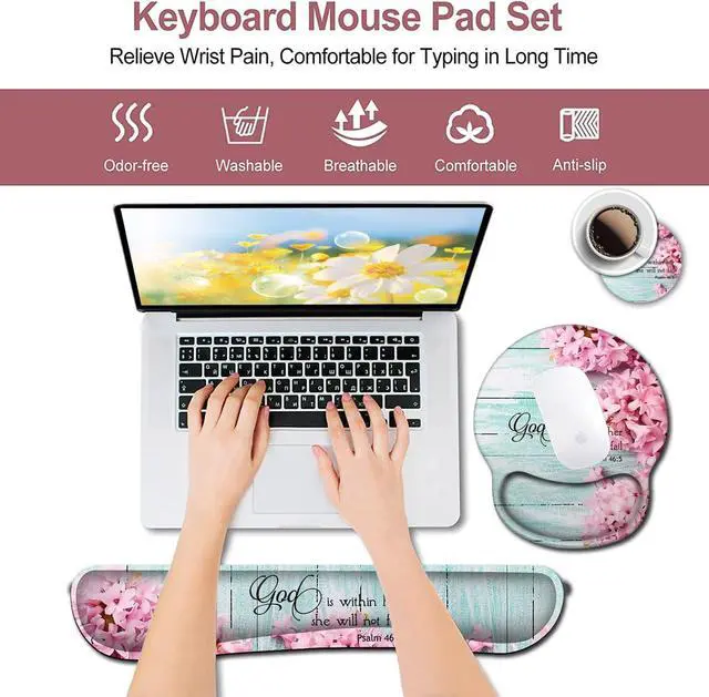 Alt view image 3 of 7 - Mouse Pad with Wrist Support Ergonomic Gel Mouse Pad Beautiful Flowers Pink Hyacinths on Wood PanelNon-Slip Durable Memory Foam Keyboard Wrist Rest Suitable for Office Typing Games