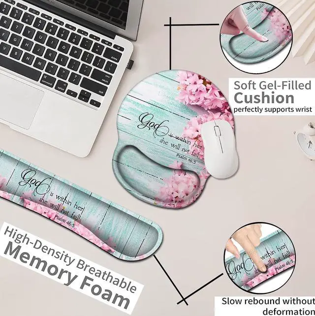 Alt view image 6 of 7 - Mouse Pad with Wrist Support Ergonomic Gel Mouse Pad Beautiful Flowers Pink Hyacinths on Wood PanelNon-Slip Durable Memory Foam Keyboard Wrist Rest Suitable for Office Typing Games