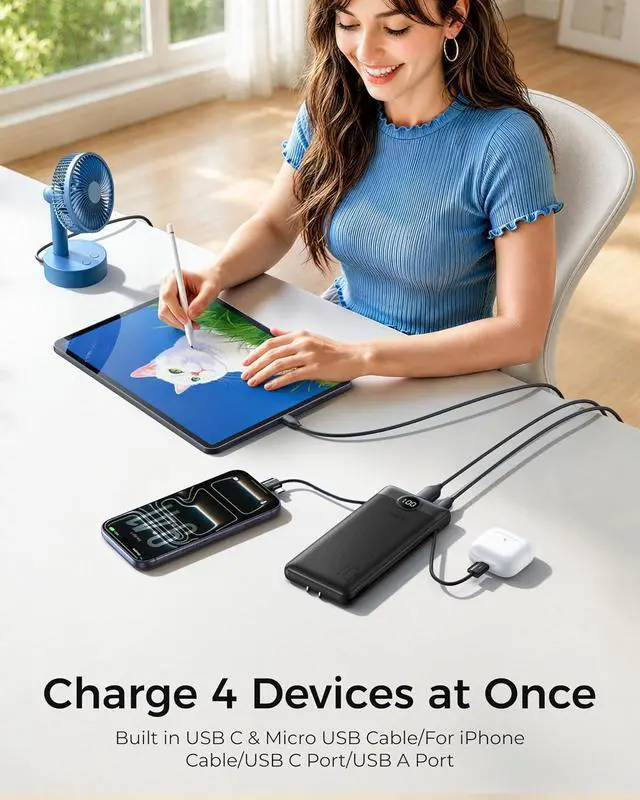 Alt view image 8 of 8 - Portable Charger Power Bank with Built-in AC Plug and Cables All in One 10000mAh Ultra Slim Travel Essentials Fast Charging Battery Pack Compatible with iPhone Android Black