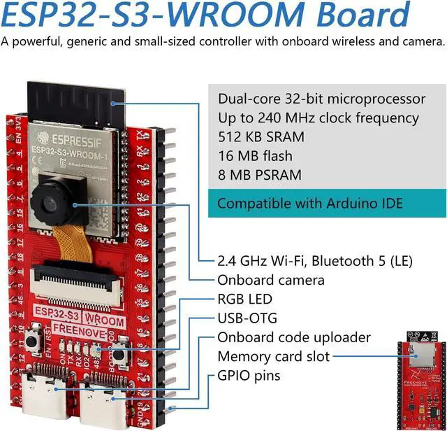 Alt view image 6 of 6 - Freenove ESP32-S3 ESP32 S3 CAM Board (16 MB Flash) Dual-core 32-bit 240 MHz Microcontroller Onboard Camera Wireless Python C Code Example Projects Tutorial