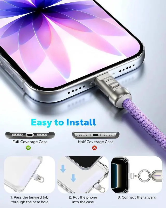 Alt view image 7 of 7 - Phone Wrist Strap Charging Cable USB-C to USB-C Cable with 240W Fast Charging 0.98FT Anti Theft Phone Lanyard for iPhone//Android Daily & Outdoor Activities Hollow Design Purple