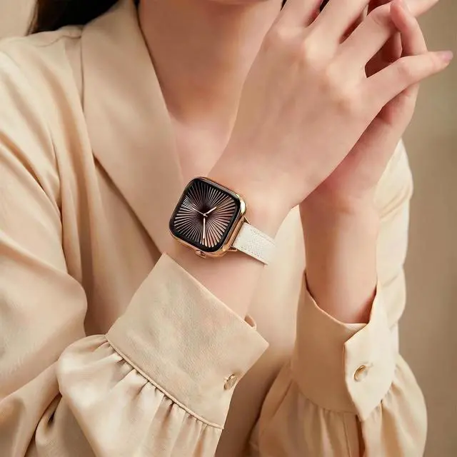 Alt view image 7 of 7 - Slim Leather Band for Women Compatible with Watch 40mm 44mm 41mm 45mm 42mm 46mm 49mm 38mm Thin Genuine Leather Replacement Strap for iWatch Series SE/11/10/9/8/7/6/5/4/3/2/1/Ultra