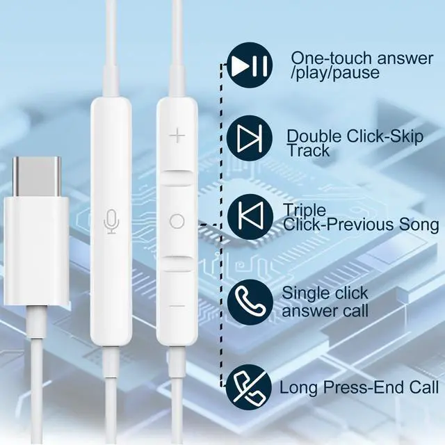 Alt view image 4 of 7 - 2 Pack-USB C Headphones for iPhone 17/16/15 Pro Max Type C Earbuds Wired Earphones with Mic & Remote Control Noise Cancelling for iPhone 17/16/15 Plus/Air/Pro iPad Pro Galaxy S25/S24/S23/S22 Note 20