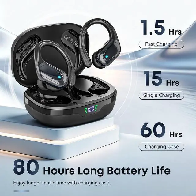 Alt view image 3 of 7 - Wireless Earbuds Sports Bluetooth Headphones Noise Canceling Ear Buds with 80hr Playtime LED Power Display IPX7 Waterproof Earphones for Gym/Workout
