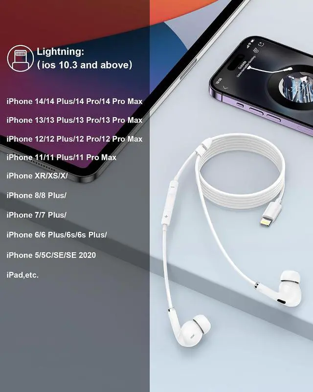 Alt view image 7 of 7 - Wired Lightning Ear Buds for iPhone 14 13 Pods Headphones Earphones | i Phone 14+ 14Pro 13 12 11 Pro Max Plus Lightening Connector Ear phones with Microphone Lighting Air Pods Airpods