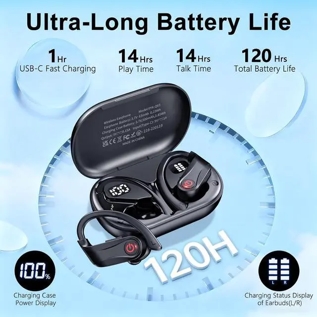 Alt view image 2 of 7 - 2026 Wireless Headphones 120Hrs Bluetooth 6.1 Earbuds Sports Earhooks with Fast Charging Case Dual LED Display Earphones ENC Mic with Easy Button IPX7 Waterproof Earbud for Gym/Running/Workout