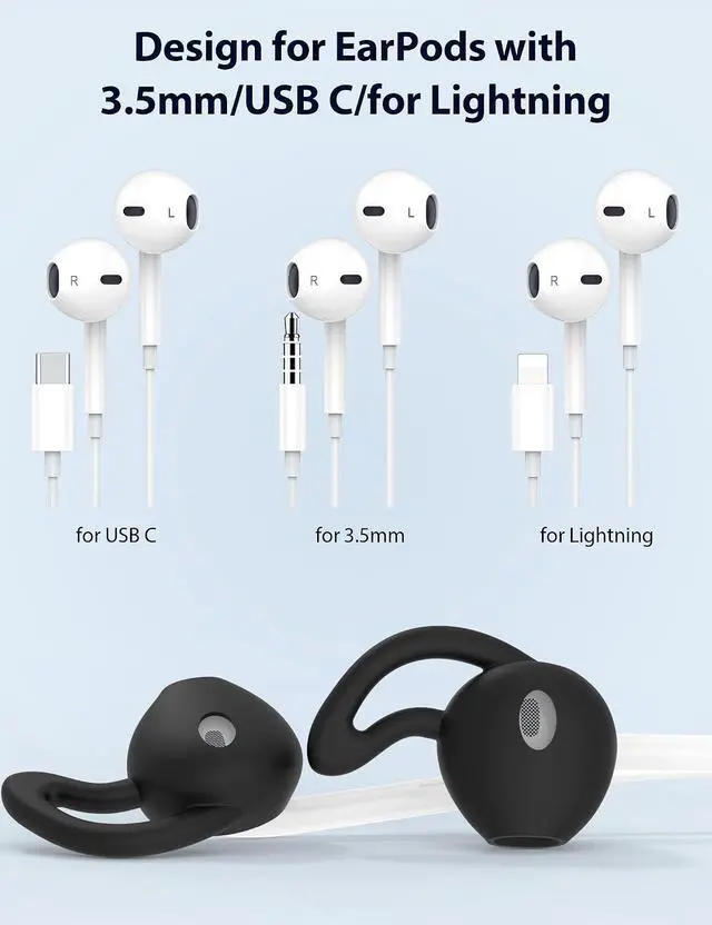 Alt view image 2 of 7 - 2 Pack Silicone Ear Tips for EarPods USB-C/3.5mm/for Lightning Anti-Slip Eartips Grips Soft Lightweight Earbuds Covers Secure Fit Sport Replacement for Running Jogging Gym Workout Black