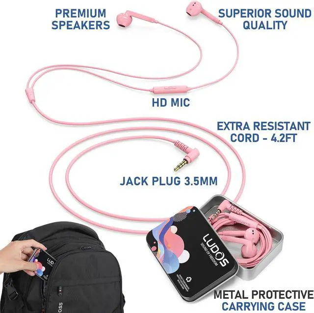 Alt view image 2 of 7 - FEROX Wired Earbuds in-Ear Headphones 5 Year Warranty Earphones with Microphone Noise Isolation Corded for 3.5mm Jack Ear Buds for iPhone Laptop Kids School Students - Pink