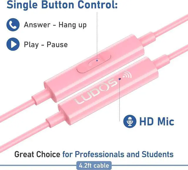 Alt view image 4 of 7 - FEROX Wired Earbuds in-Ear Headphones 5 Year Warranty Earphones with Microphone Noise Isolation Corded for 3.5mm Jack Ear Buds for iPhone Laptop Kids School Students - Pink