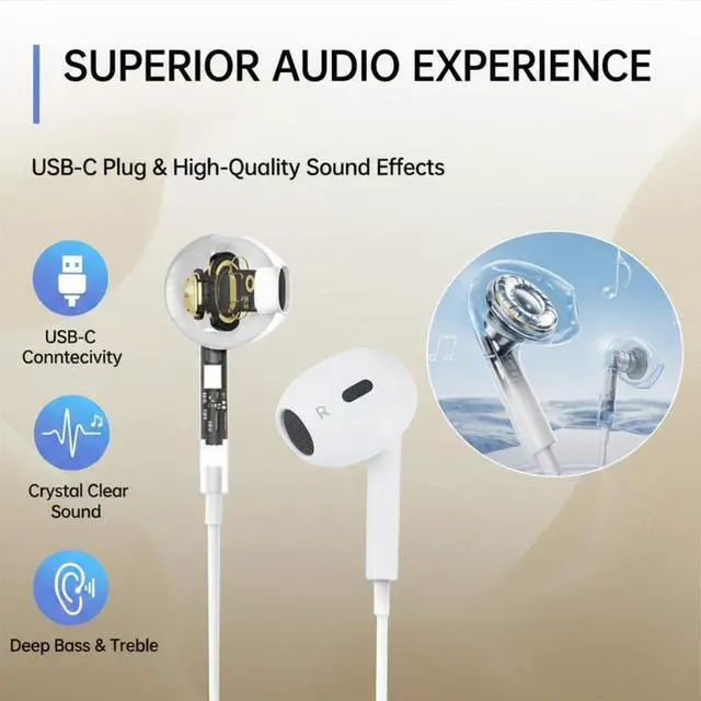 Alt view image 4 of 7 - 2 Pack USB C Headphones Wired Earbuds for iPhone 17 16 15 Pro Max 16e 16 Plus & 15 Plus USBC Ear Buds in-Ear Earphones with Microphone & Volume Control Clear Stereo Sound & Noise Isolation