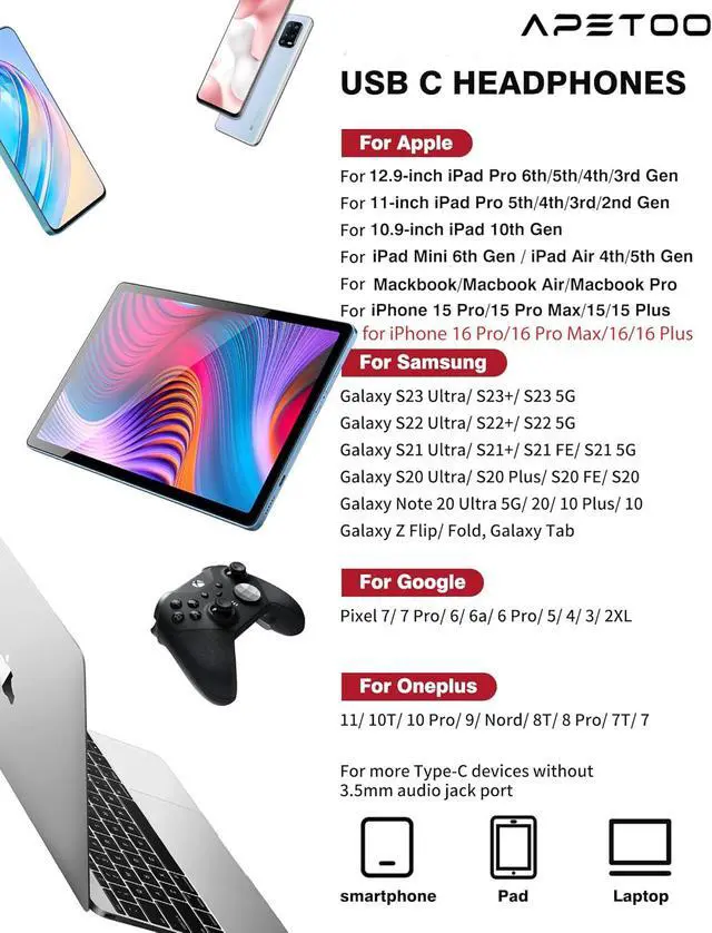 Alt view image 4 of 7 - USB C Headphones for iPad Pro/iPhone 17 16 15 Pro Max Air HiFi Stereo USB-C Wired Earbuds Microphone Volume Control Type C Earphone for S26 S25 S24 S23 Ultra S22 S21 Note 20 Pixel 10 9 8 7 6 5
