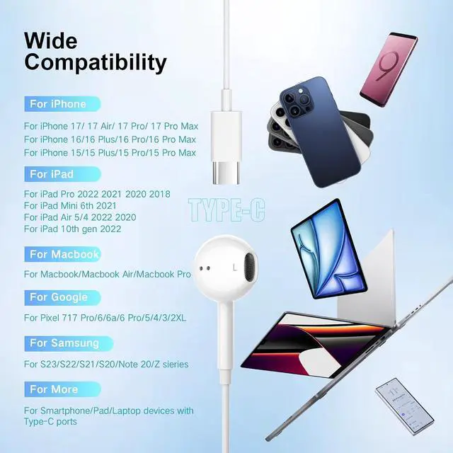 Alt view image 3 of 7 - USB C Headphones for iPhone 17/16/15 Pro Max Plus Type C Earbuds for iPad Pro Air Mini Earphones for MacBook Series for Google Pixel
