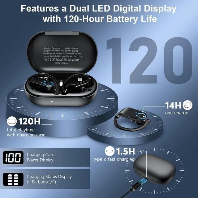 Alt view image 2 of 7 - Wireless Earbuds 120hrs Bluetooth 6.1 Headphone Sport 2026 Bluetooth Earbuds with Fast Charging Case Dual LED Display Earphones ENC Noise Cancelling Mic with Easy Button Controls IPX7 Waterproof