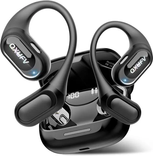 Main image of Open Ear Headphones Bluetooth 5.4 Wireless Earbuds Black | HiFi Stereo Open Ear Buds with HD Mic 50H LED Power Display Air Conduction Earbuds AI Translation Earbuds Real Time