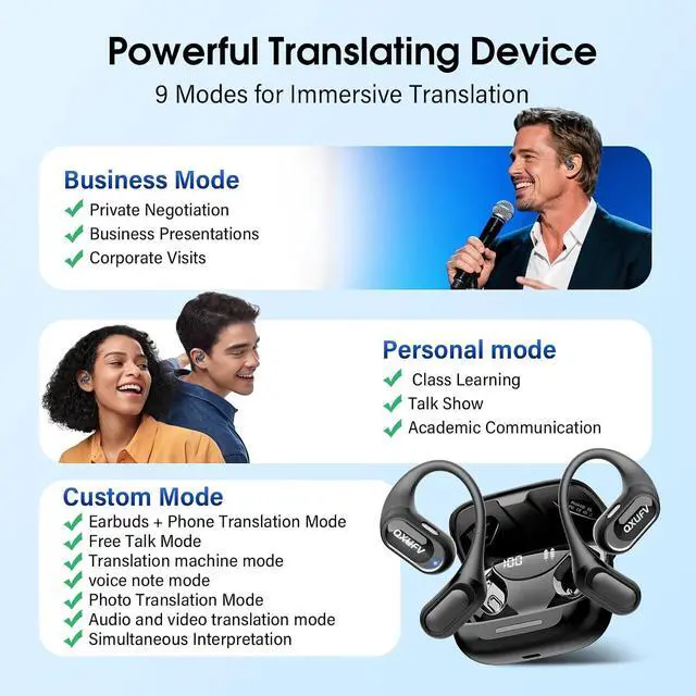 Alt view image 7 of 7 - Open Ear Headphones Bluetooth 5.4 Wireless Earbuds Black | HiFi Stereo Open Ear Buds with HD Mic 50H LED Power Display Air Conduction Earbuds AI Translation Earbuds Real Time