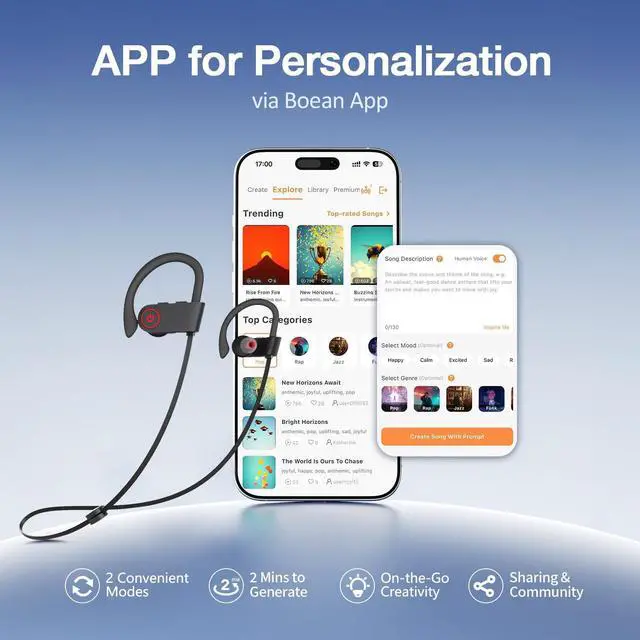 Alt view image 2 of 7 - Bluetooth Wireless Headphones 16H Playtime Earbuds with Mic Stereo in-Ear Earphones IPX7 Waterproof Sports Sound Isolation AI Music Creation Headsets for Running Gym Workout