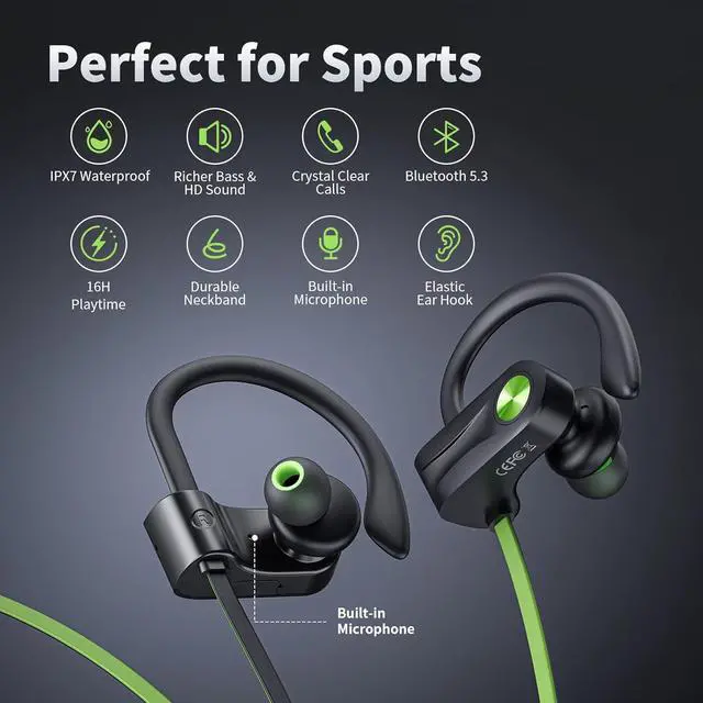 Alt view image 2 of 7 - Bluetooth Headphones Wireless Earbuds IPX7 Waterproof Bluetooth 5.3 Headphones with 16Hrs Playtime Stereo Bass Headsets with Mic Running Headsets with Earhooks for Sports Running Workout