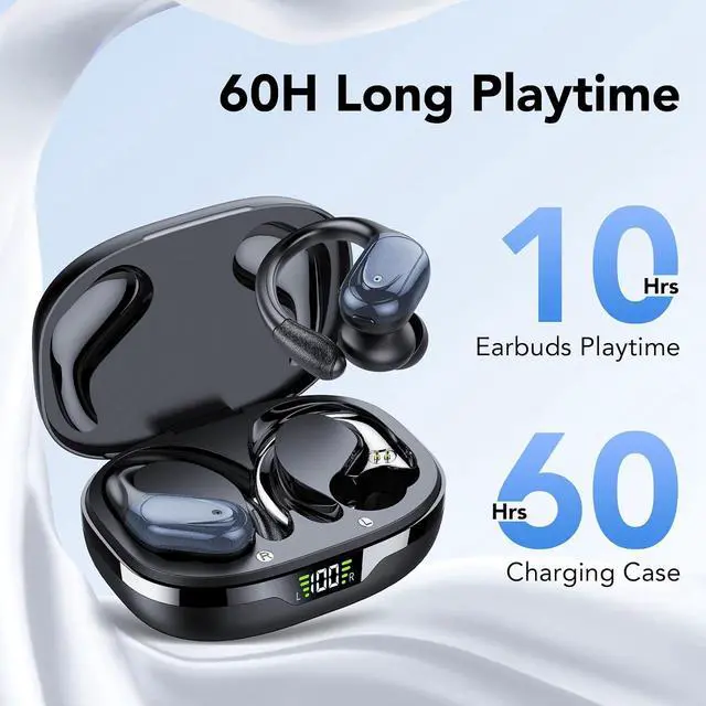 Alt view image 3 of 6 - Ear buds Wireless Earbuds Bluetooth 5.3 Headphones 60hrs Playtime with Digital Display Sports Wireless Headphones with Earhook Deep Bass IPX7 Waterproof Over-Ear Earbuds for Android iOS Workout Black