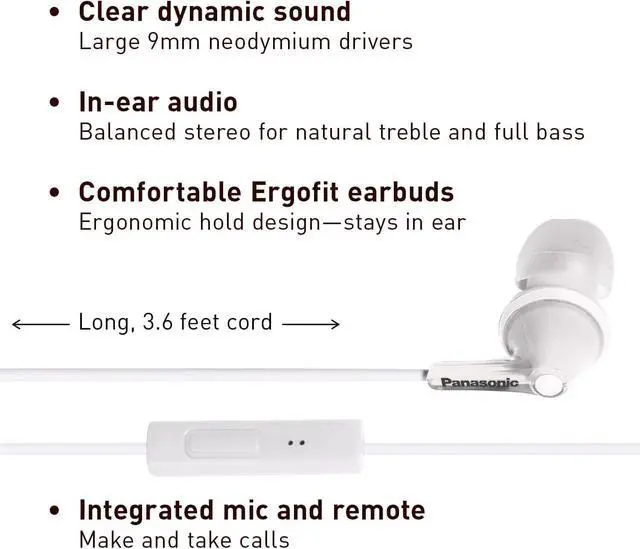 Alt view image 2 of 7 - PANASONIC ErgoFit Earbud Headphones with Microphone and Call Controller Compatible with iPhone Android and Blackberry - RP-TCM125-W - In-Ear (White)