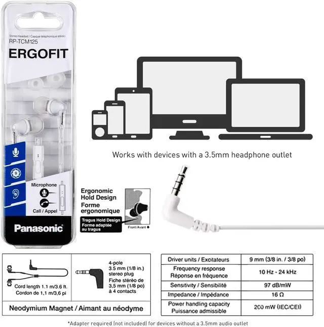 Alt view image 7 of 7 - PANASONIC ErgoFit Earbud Headphones with Microphone and Call Controller Compatible with iPhone Android and Blackberry - RP-TCM125-W - In-Ear (White)