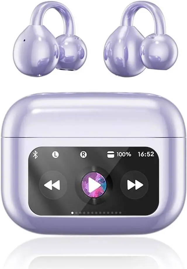 Main image of Clip On Ear Headphones Open Ear Earbuds Wireless Bluetooth 5.4 Clip On Earbuds with LCD Touchscreen Lightweight Comfort Open Ear Headphones for Pad Tablet Laptop Android/iOS Phones (Purple)