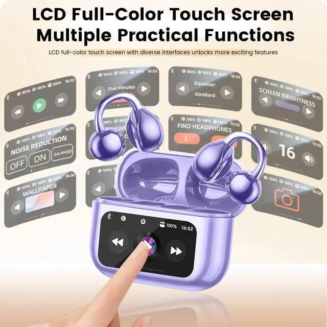 Alt view image 4 of 7 - Clip On Ear Headphones Open Ear Earbuds Wireless Bluetooth 5.4 Clip On Earbuds with LCD Touchscreen Lightweight Comfort Open Ear Headphones for Pad Tablet Laptop Android/iOS Phones (Purple)