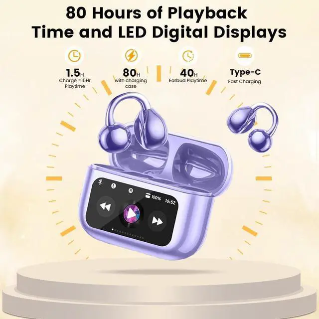 Alt view image 7 of 7 - Clip On Ear Headphones Open Ear Earbuds Wireless Bluetooth 5.4 Clip On Earbuds with LCD Touchscreen Lightweight Comfort Open Ear Headphones for Pad Tablet Laptop Android/iOS Phones (Purple)